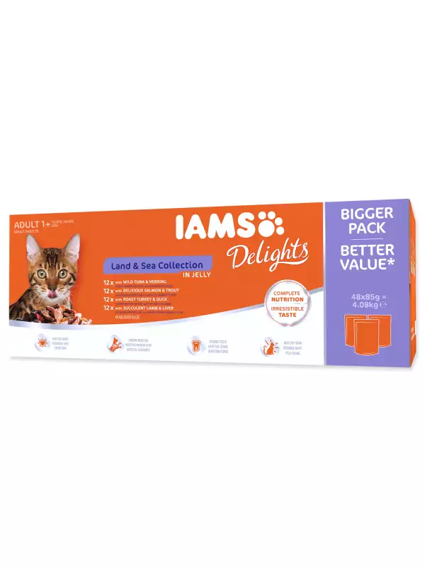 Kapsička IAMS Delights Adult mořské a suchozemské maso v želé multipack 4080g (48x85g)