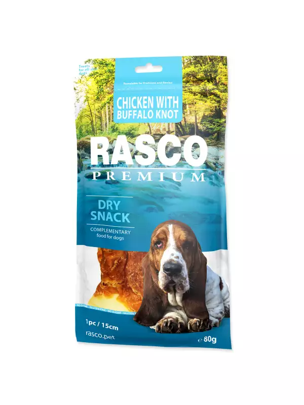 Pochoutka Rasco Premium buvolí kůže obalená kuřecím, uzel 15cm 80g