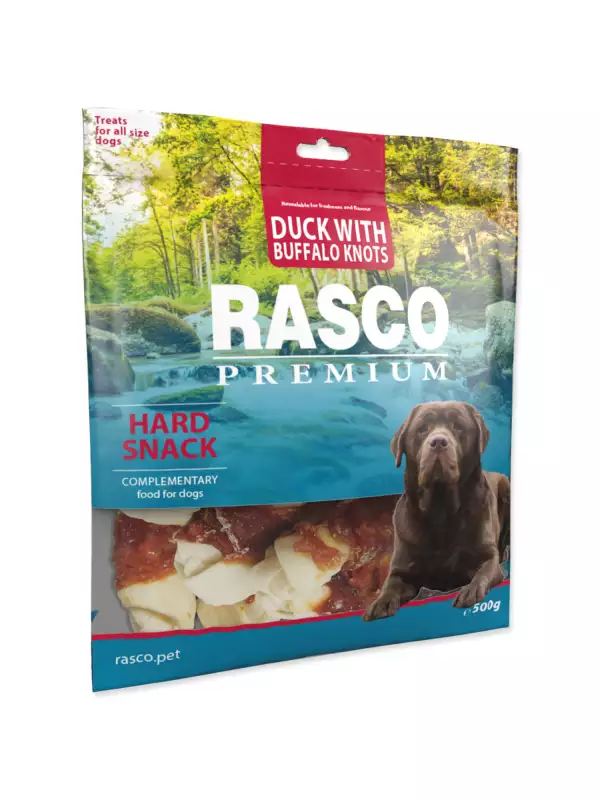 Pochoutka Rasco Premium buvolí kůže s kachním, uzly 5cm 500g