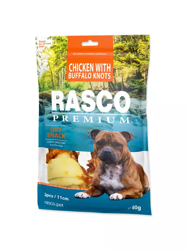 Pochoutka Rasco Premium buvolí kůže obalená kuřecím, uzly 11cm 80g
