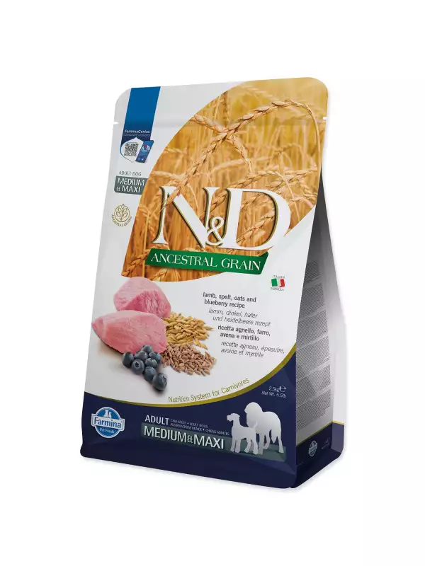 Krmivo N&D Dog Adult Medium & Maxi Ancestral Grain Lamb, Spelt, Oats & Blueberry 2,5kg