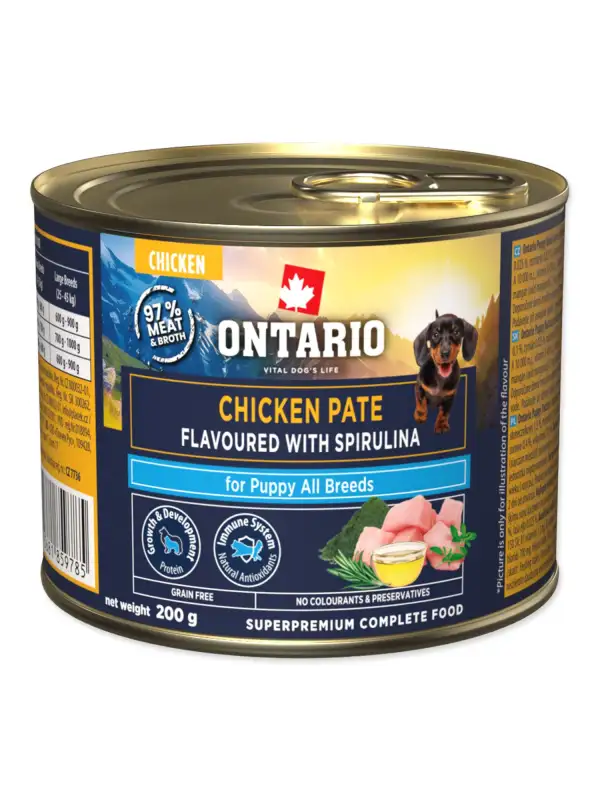 Konzerva Ontario Puppy kuřecí pate s příchutí spiruliny 200g