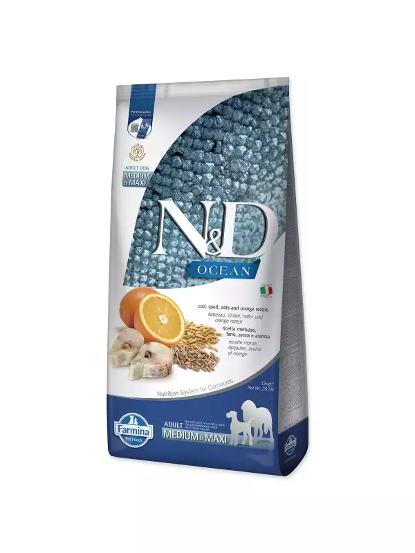 Krmivo N&D Dog Ocean Adult Medium & Maxi Codfish, Spelt, Oats & Orange 12kg