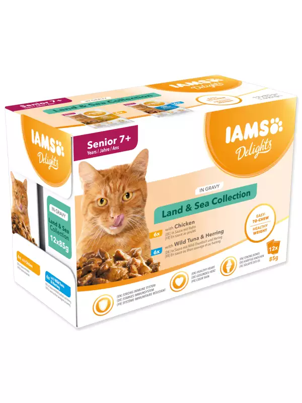 Kapsička IAMS Delights Senior mořské a suchozemské maso v omáčce 1020g (12x85g)