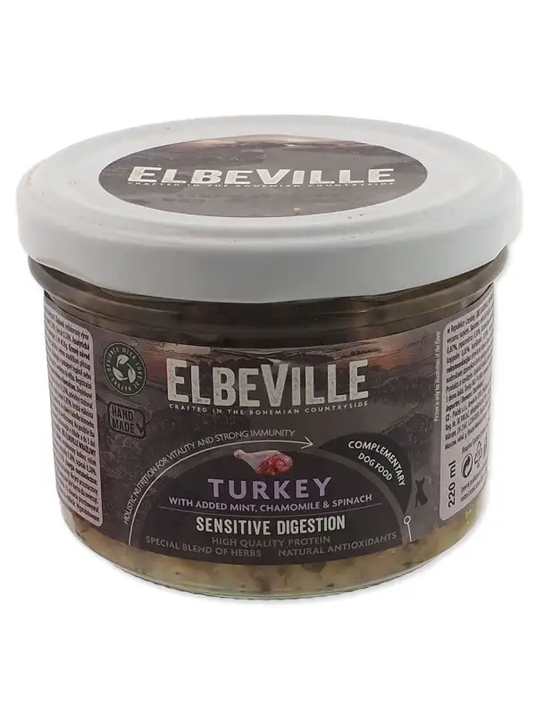 Sklenice Elbeville Dog Sensitive Digestion, krůtí s přidanou mátou,  220ml