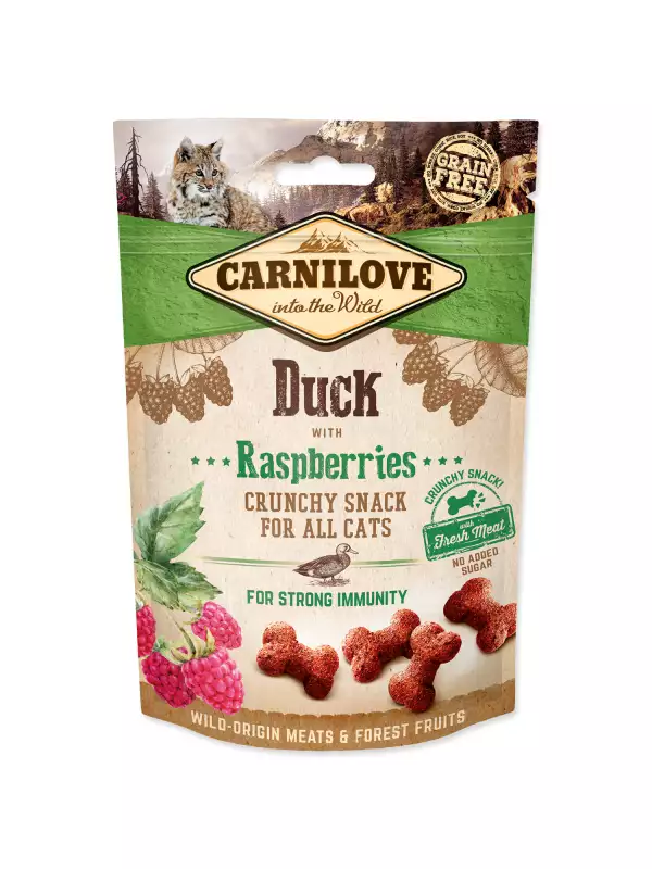 Pochoutka Carnilove Cat Crunchy Snack kachna s malinovými listy 50g