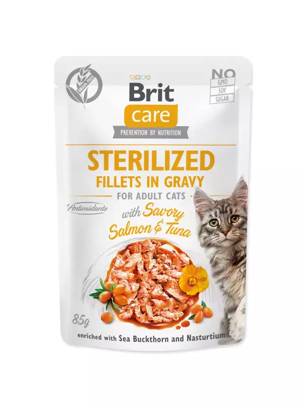 Kapsička Brit Care Cat Sterilized losos a tuňák, filety v omáčce 85g