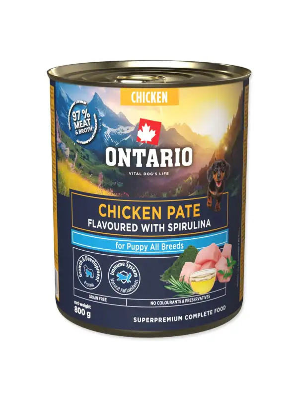 Konzerva Ontario Puppy kuřecí pate s příchutí spiruliny 800g