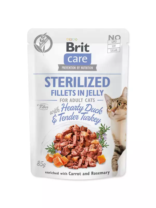 Kapsička Brit Care Cat Sterilized kachna a krůta, filety v želé 85g