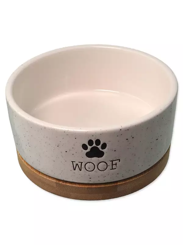 Miska Dog Fantasy keramická bílá WOOF s podtáckem 13x5,5cm, 400ml