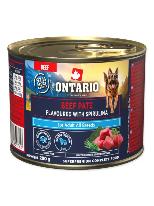 Konzerva Ontario Adult hovězí pate s příchutí spirulíny 200g
