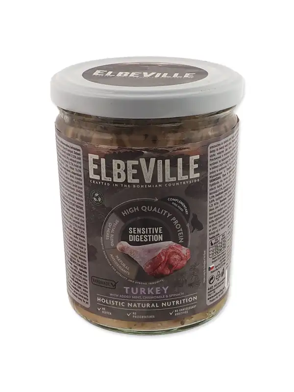 Sklenice Elbeville Dog Sensitive Digestion, krůtí s přidanou mátou, 440ml