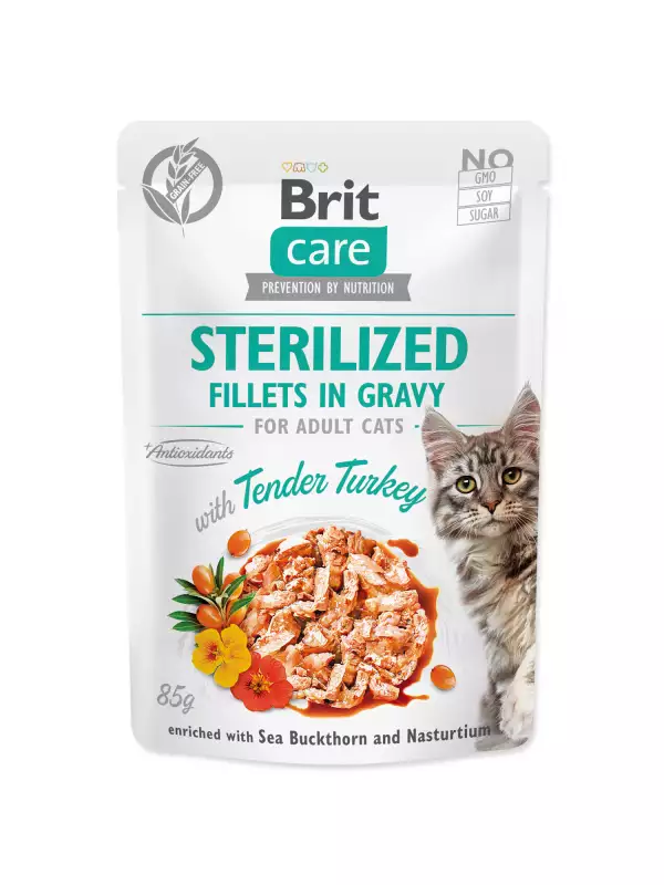 Kapsička Brit Care Cat Sterilized krůta, filety v omáčce 85g