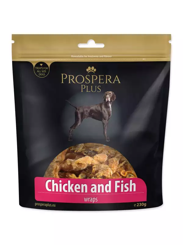 Pochoutka Prospera Plus kuřetem obalené rybičky 230g