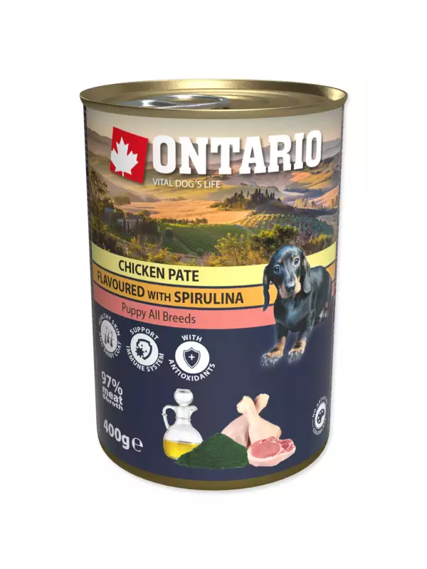 Konzerva Ontario Puppy kuře se spirulinou, paté 400g