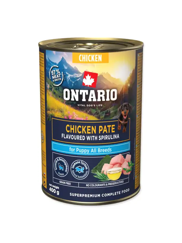 Konzerva Ontario Puppy kuřecí pate s příchutí spiruliny 400g