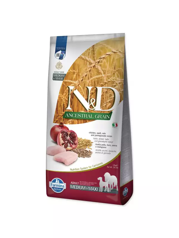 Krmivo N&D Dog Adult Medium & Maxi Ancestral Grain Chicken, Spelt, Oats & Pomegranate 12kg