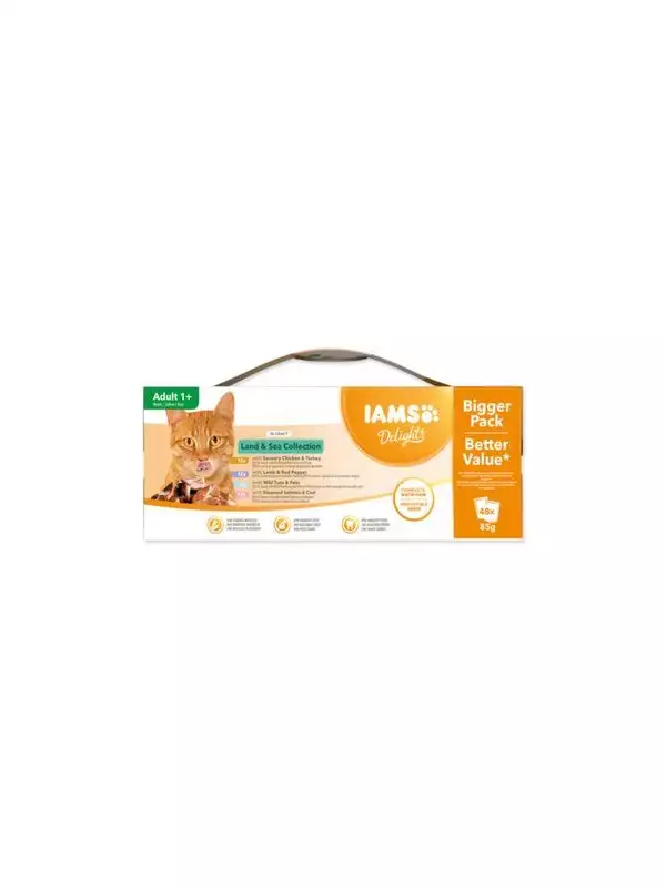 Kapsička IAMS Delights Adult mořské a suchozemské maso v omáčce multipack 4080g (48x85g) 